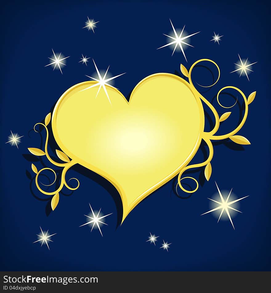 Decorative golden heart on dark night sky with stars