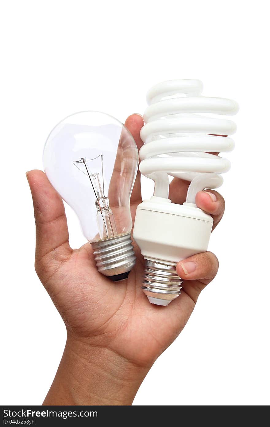 Hand holding lamp two type : Incandescent light and Fluorescent light. This image contains clipping path.