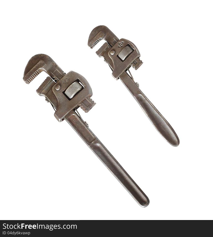 Two old pipe wrenches isolated