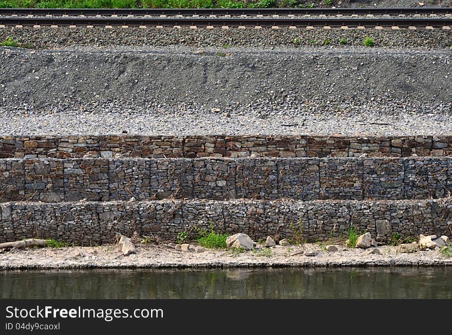 Gabion on the railway next to the river. Gabion on the railway next to the river