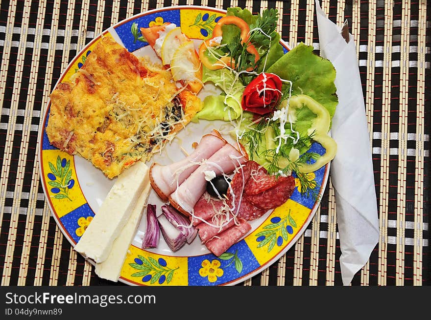 Collage of different fast food products .Feta cheese, olives , meet