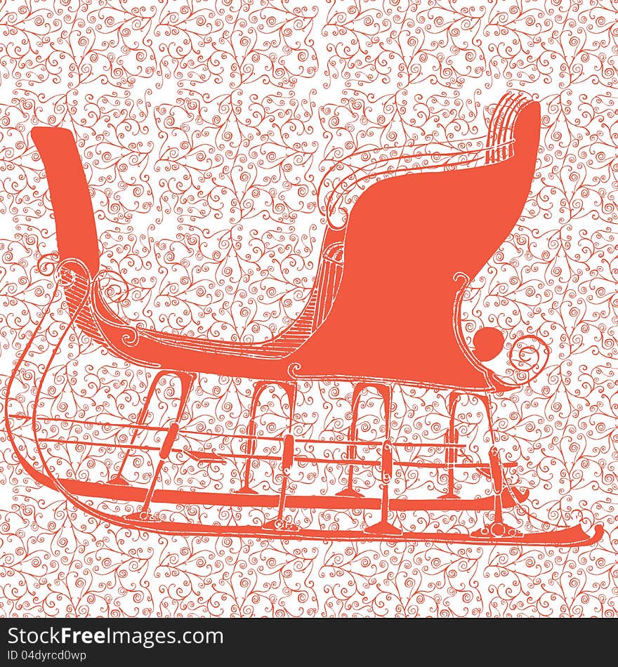 Santa`s winter sleigh on red patterned background