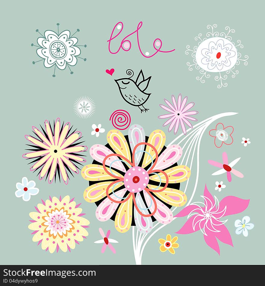 Bright floral background with a love bird. Bright floral background with a love bird