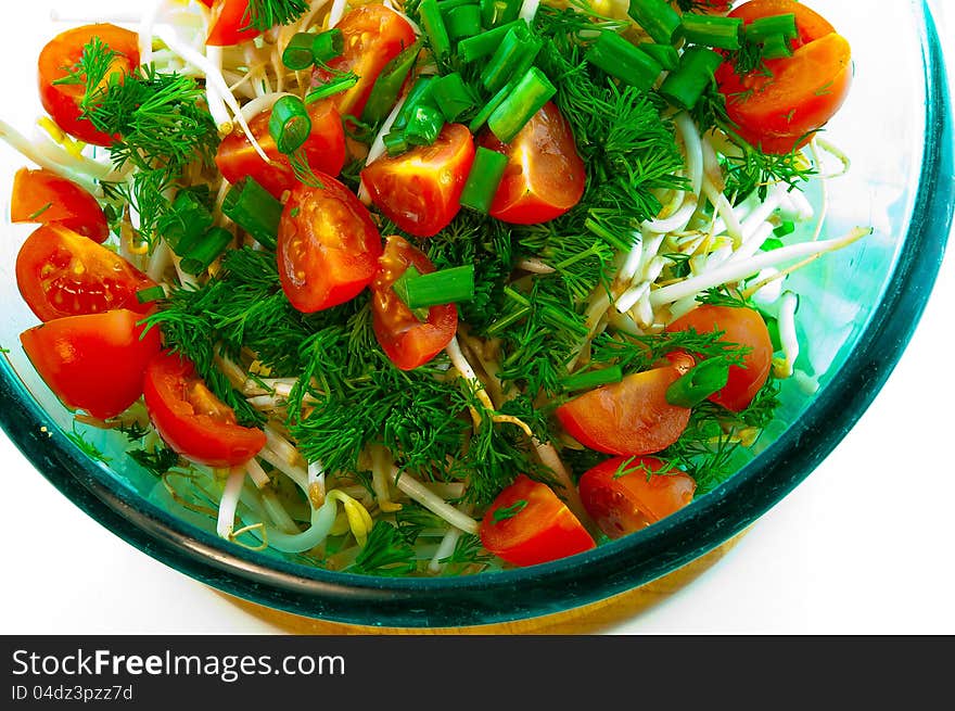 Tomato salad with green onions, and sprouted wheat grains. Tomato salad with green onions, and sprouted wheat grains