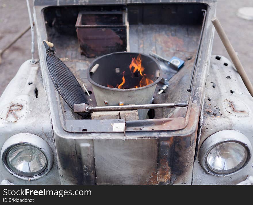 Damaged old car, hood.