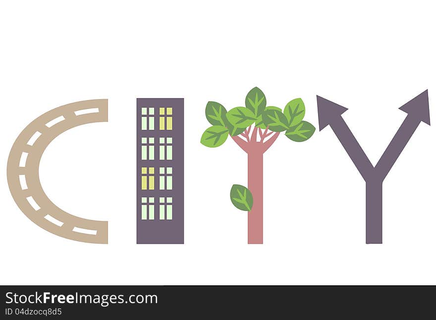 City word abstract illustration with symbolic letters