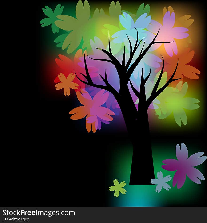 Glowing tree with multicolored flowers