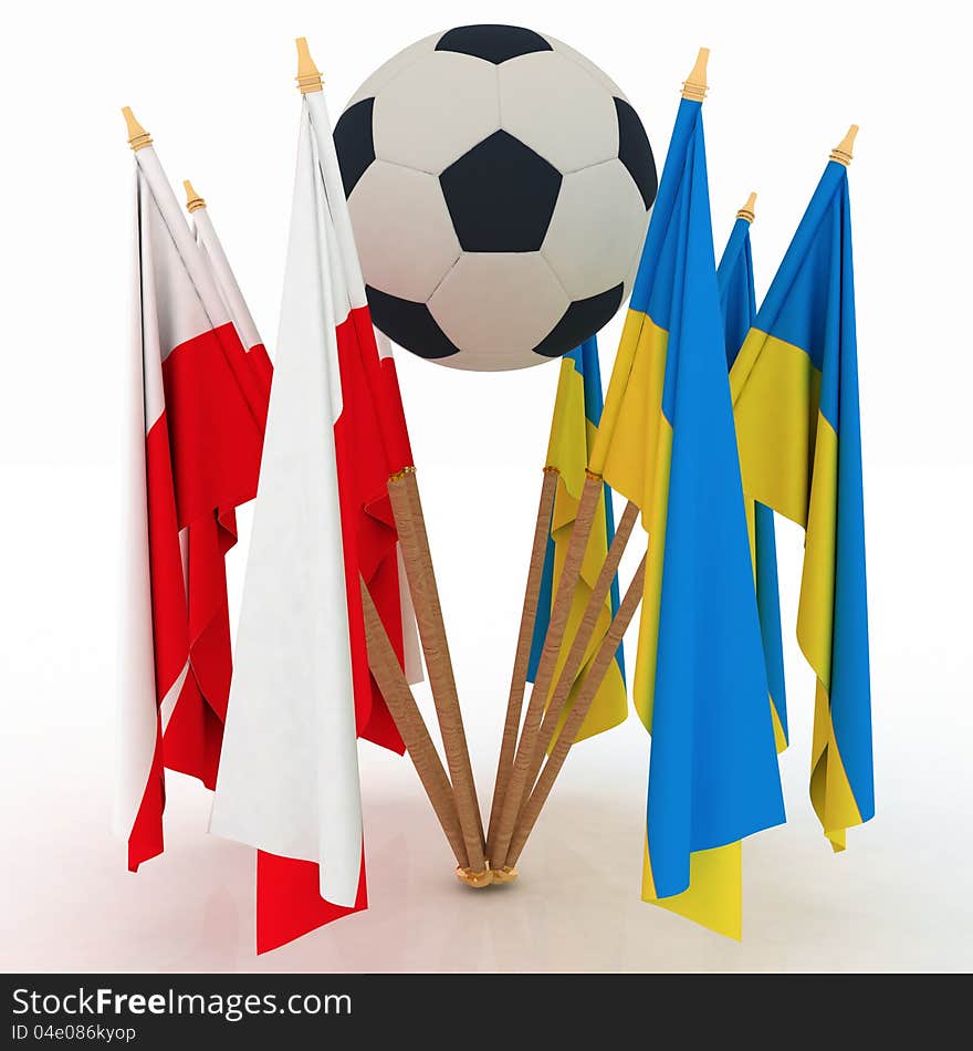 Flags of Poland and Ukraine - countries of 2012 football championship with soccer ball on white background. Flags of Poland and Ukraine - countries of 2012 football championship with soccer ball on white background.