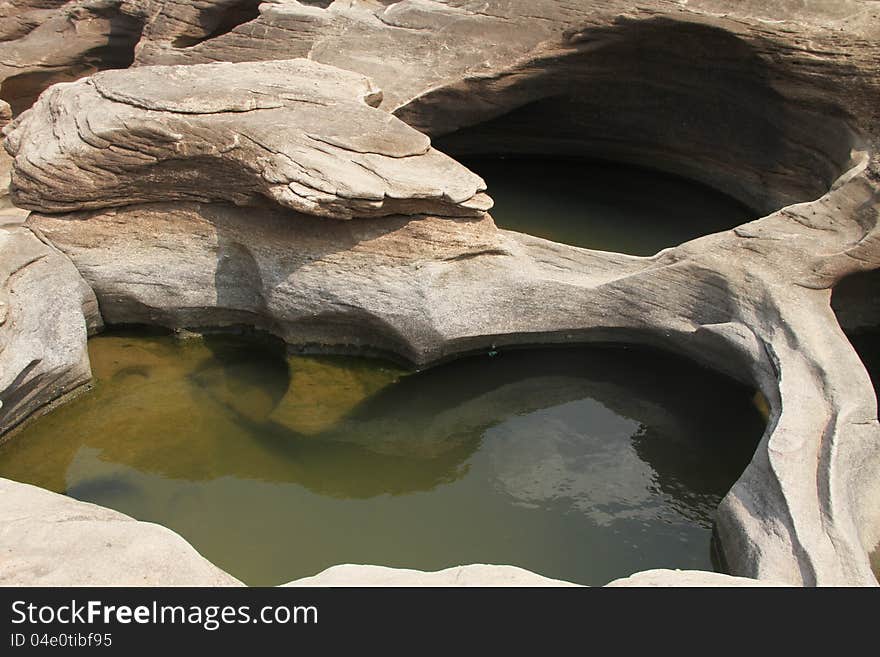 The traces of the river eroded the rock into a beautiful trail along the banks of the Mekong River between Thailand and Laos. The traces of the river eroded the rock into a beautiful trail along the banks of the Mekong River between Thailand and Laos.