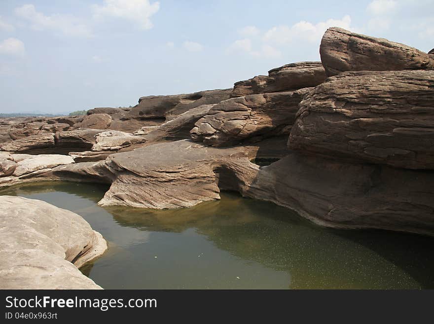 The traces of the river eroded the rock into a beautiful trail along the banks of the Mekong River between Thailand and Laos. The traces of the river eroded the rock into a beautiful trail along the banks of the Mekong River between Thailand and Laos.