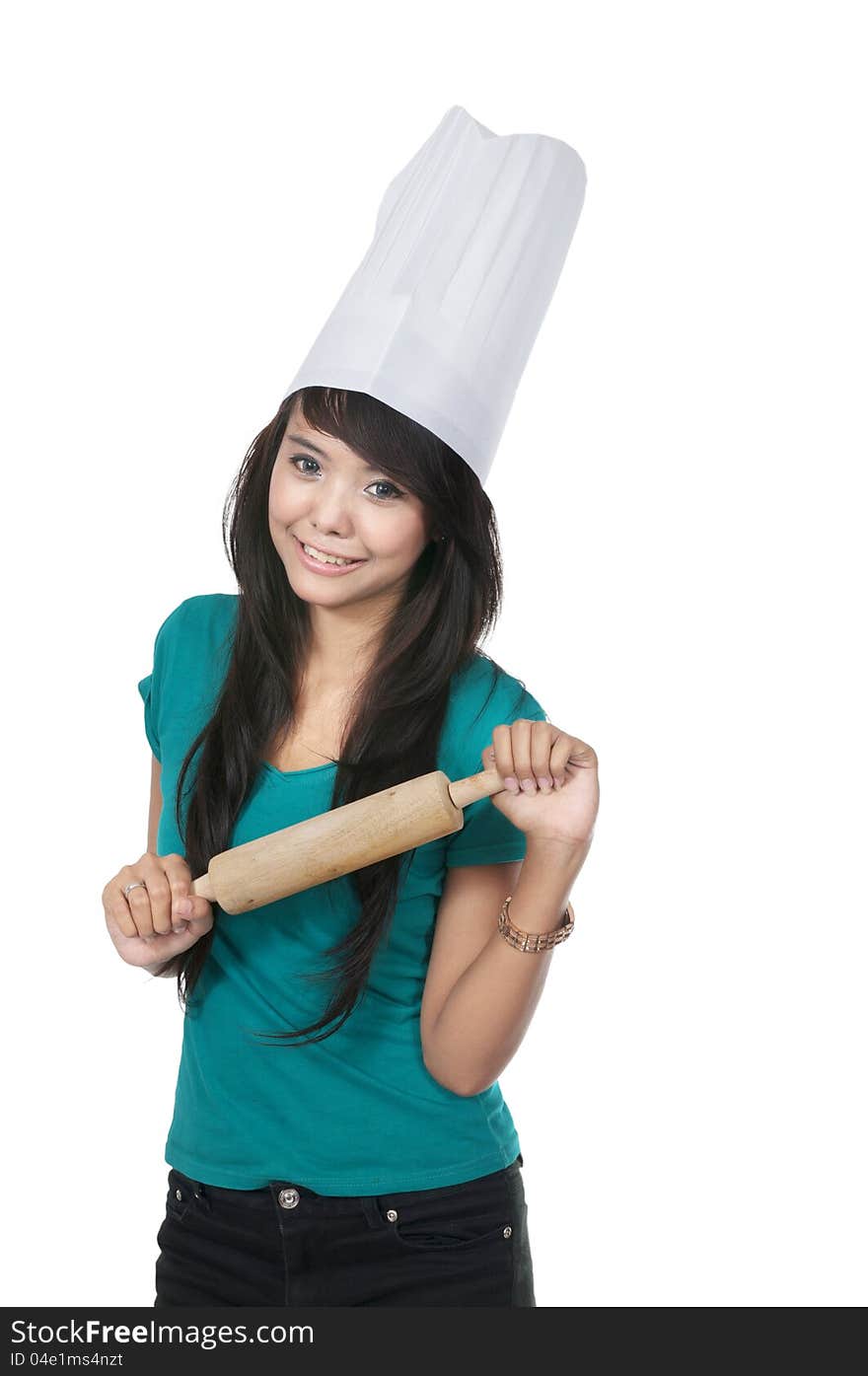 Beautiful asian young chef isolated over white background