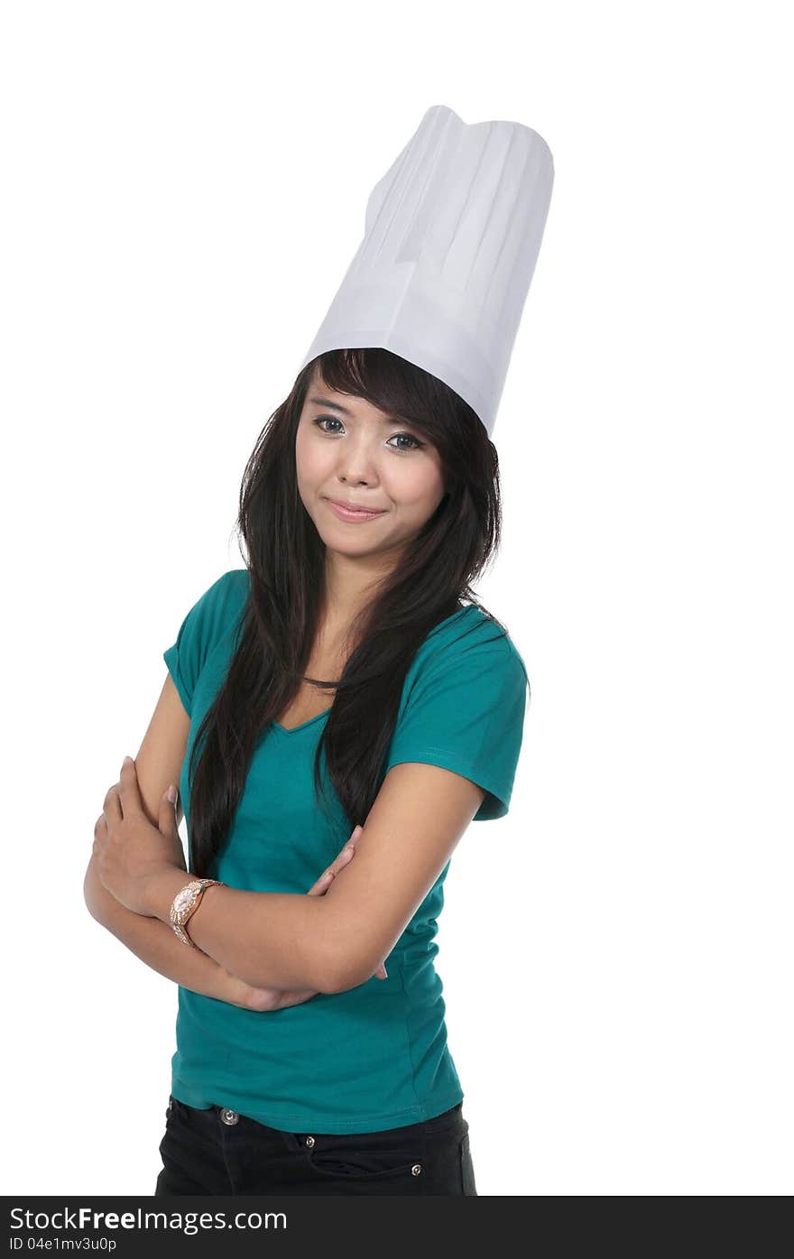 Beautiful asian young chef isolated over white background