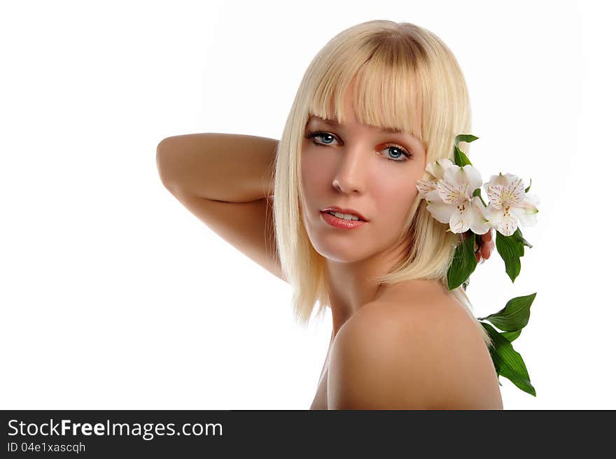 Young Blond Woman Holding Lillies isolated on a white background