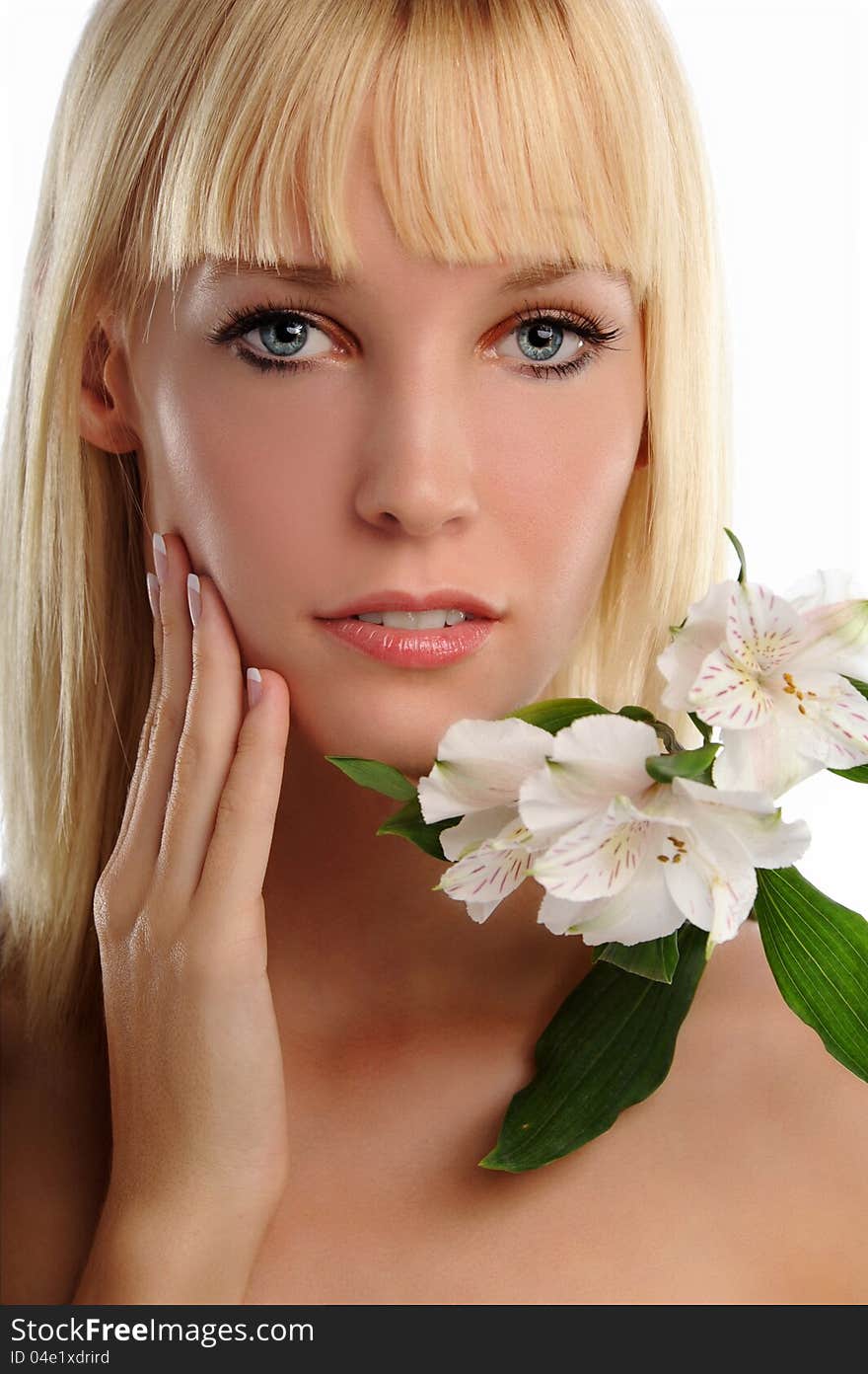 Young Blond Woman Holding Lillies isolated on a white background