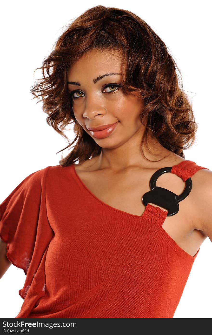 Young African American portrait wearing a red dress isolated on a white background