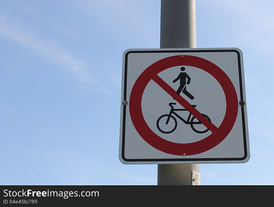 Warning sign that no pedestrians nor bicycles are allowed on that road. Warning sign that no pedestrians nor bicycles are allowed on that road