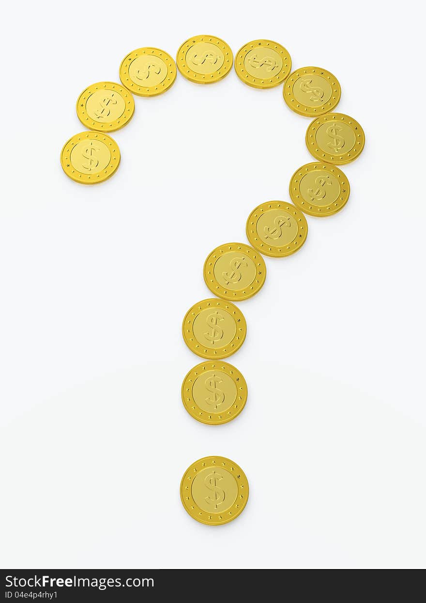 Question sign made of golden coins on white background