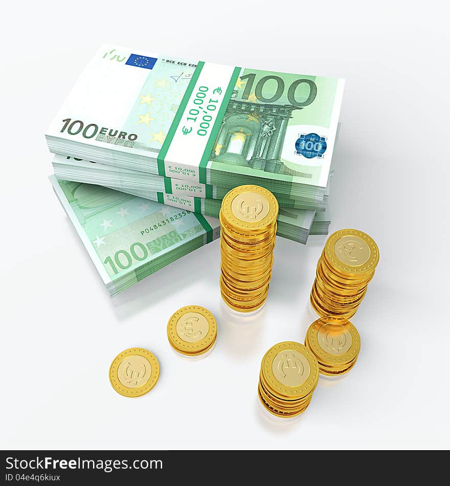 3D render of euro and golden coins stack. 3D render of euro and golden coins stack.