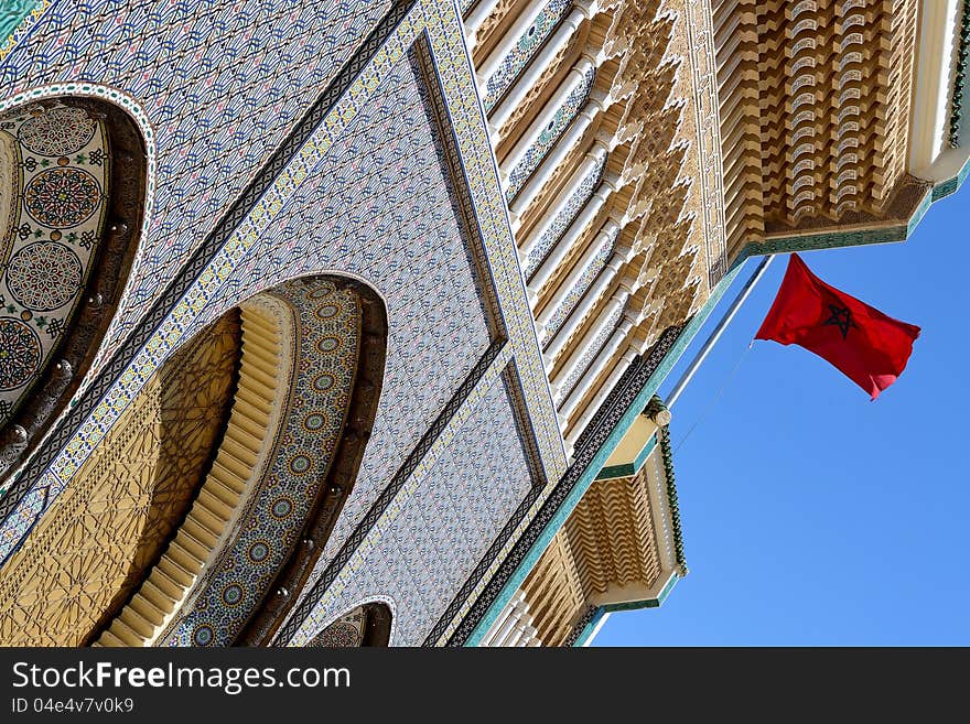 Royal Palace Fes Morocco - Arabic architecture and Moroccan flag