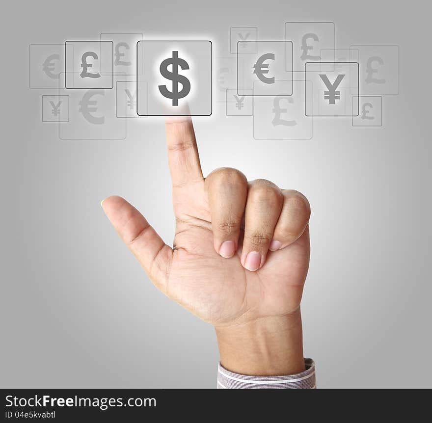 Hand pushing dollar button on touch screen