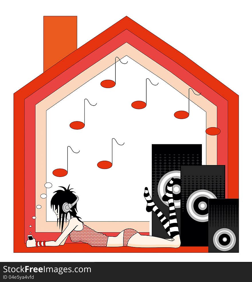 Illustration of house and girl with music. Illustration of house and girl with music