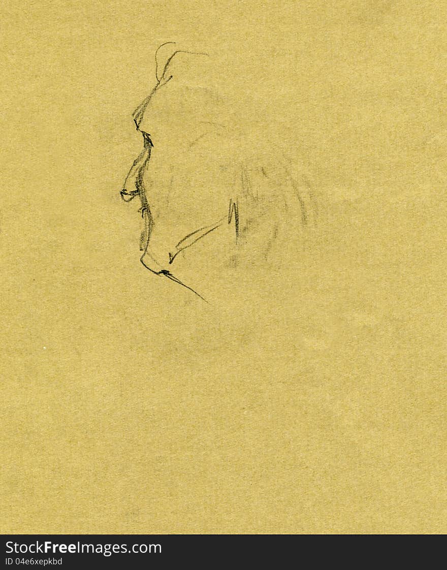 Old woman portrait - pencil drawing on yellowed paper