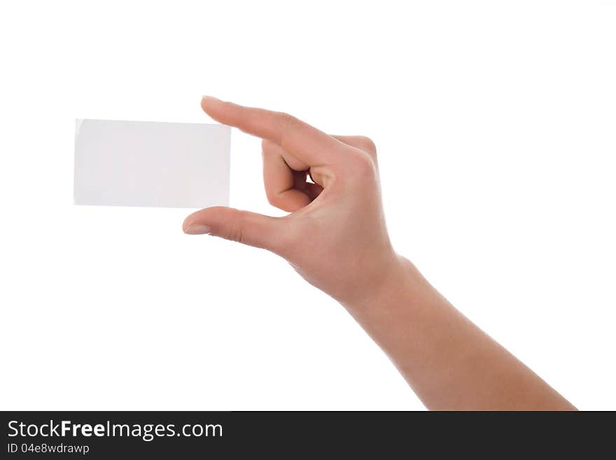 Hand holding blank business card isolated