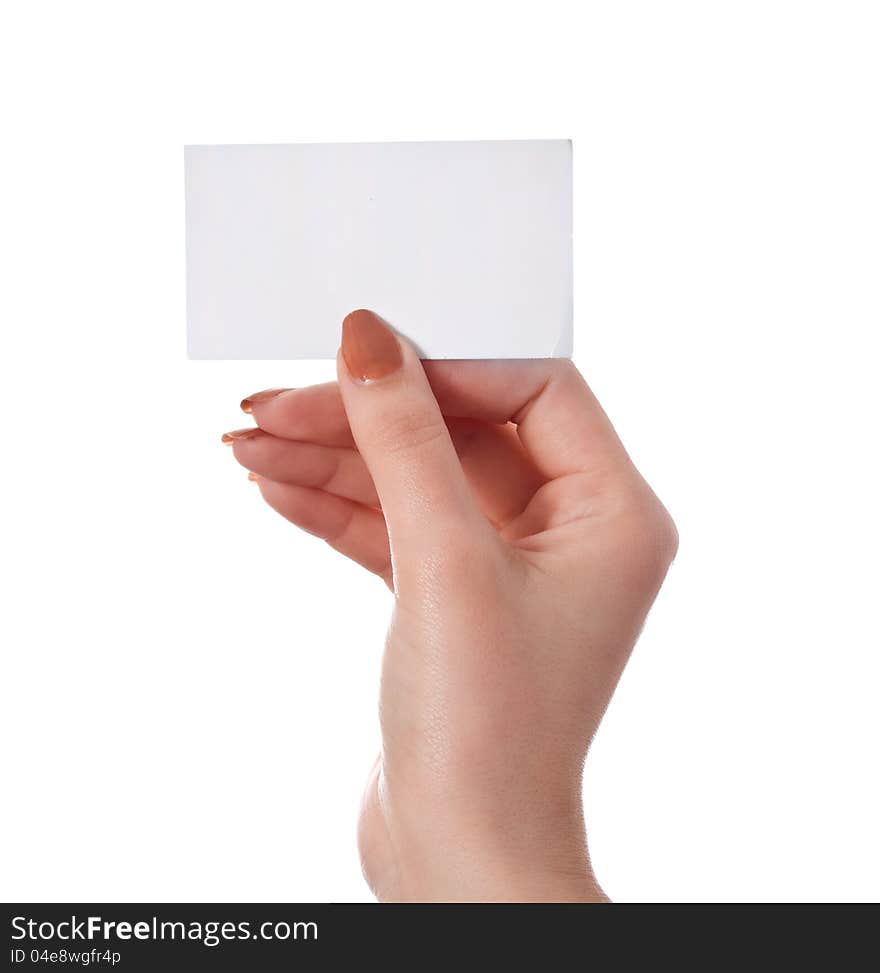 Hand holding blank business card isolated