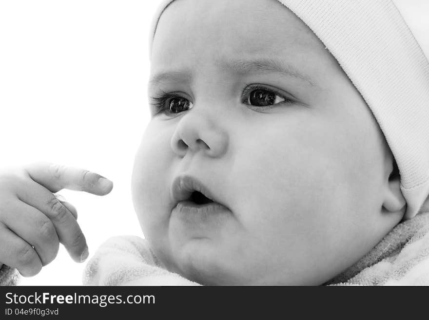 Black and white portrait of a baby girl