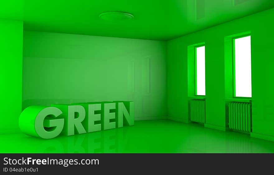 One empty room with the word: green on the floor. all in green color (3d render). One empty room with the word: green on the floor. all in green color (3d render)