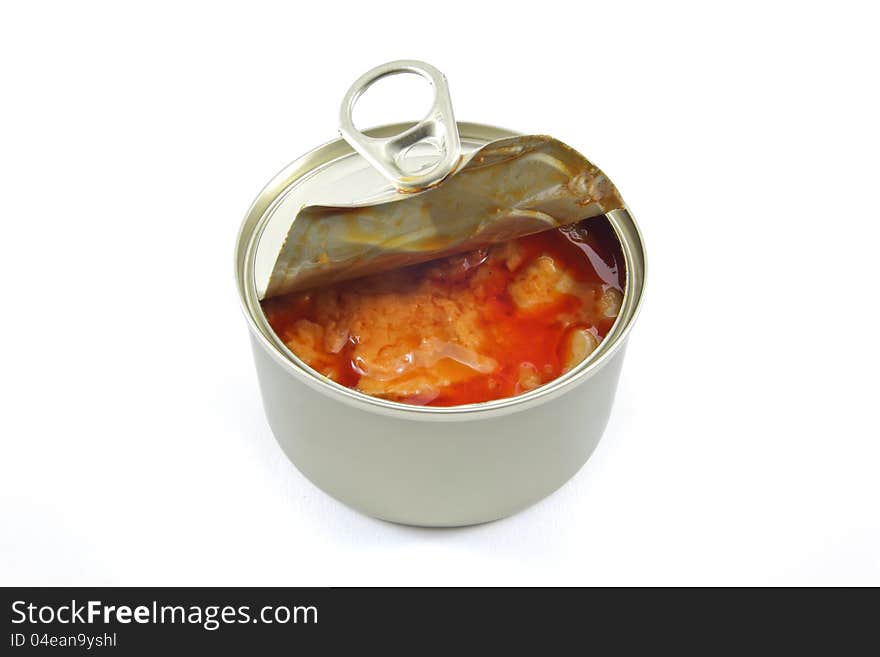 Curry tuna massaman in can on white background, canned food. This image contain clipping path