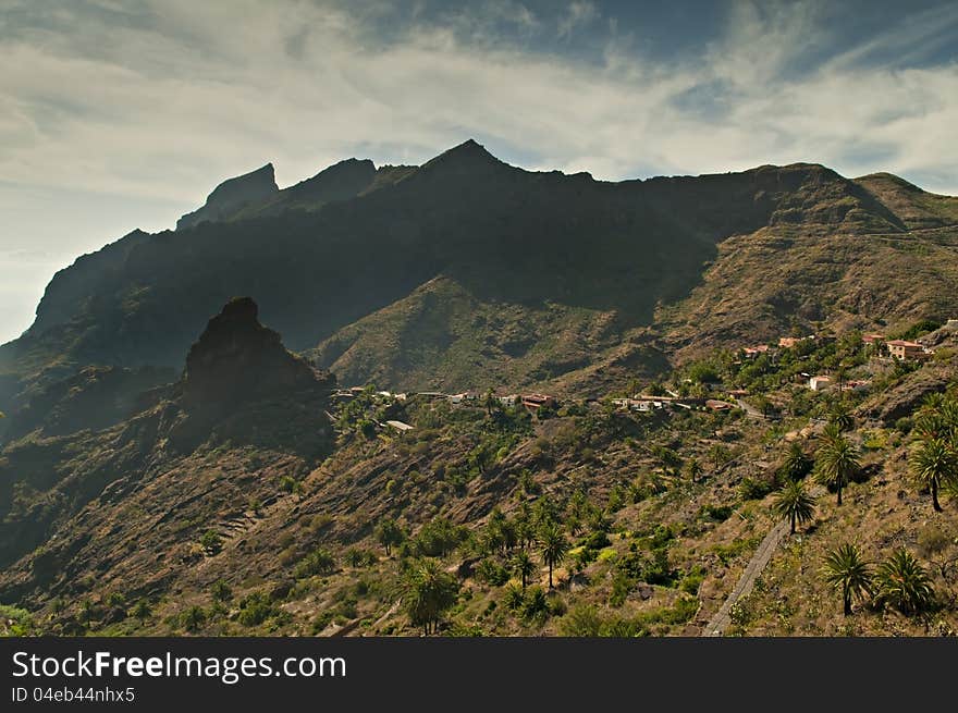 Settlements in front of high mountains, Masca, Tenerife, Spain. Settlements in front of high mountains, Masca, Tenerife, Spain