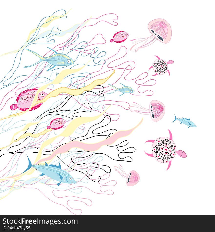 Graphic ocean background with jellyfish and fish and turtles on the white