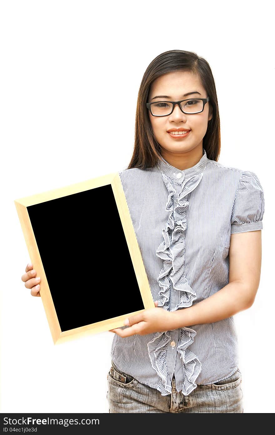 Portrait glass young woman holding a black billboard wood over white background