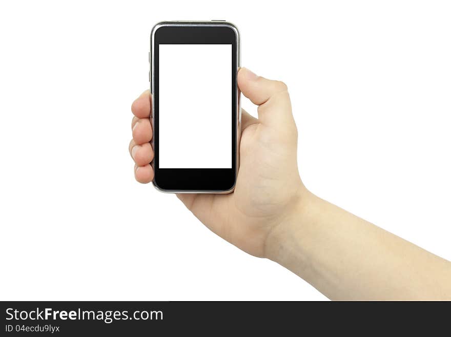 Hand holding mobile smart phone with blank screen isolated on white.