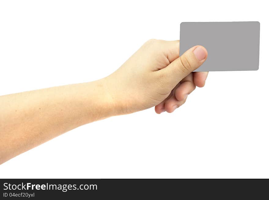 Hand and a card isolated on white