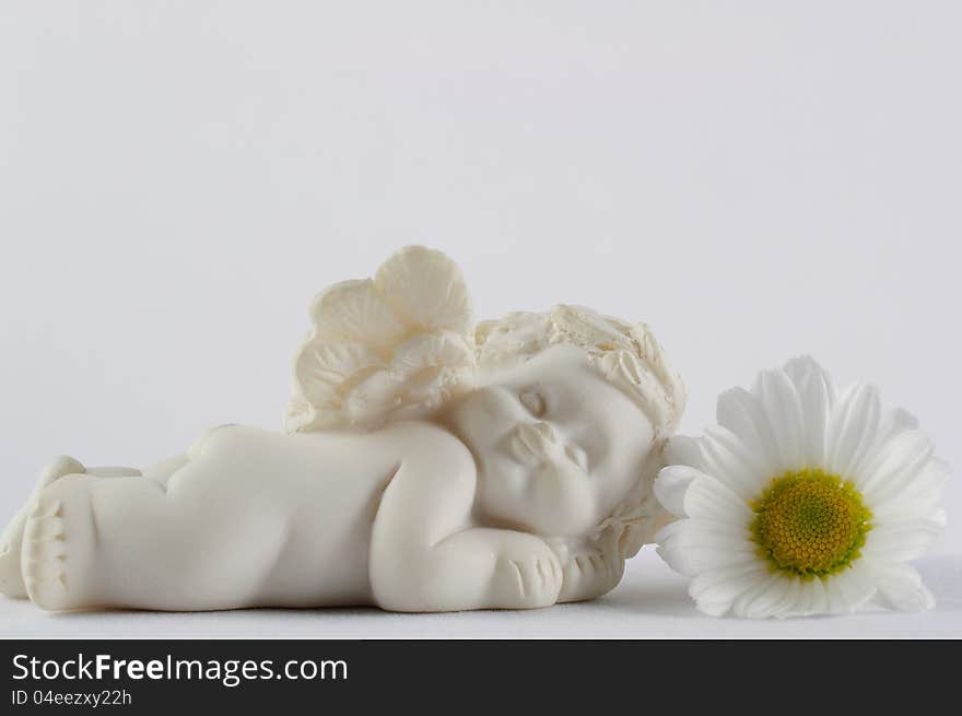 Sleeping angel with white flower on white background