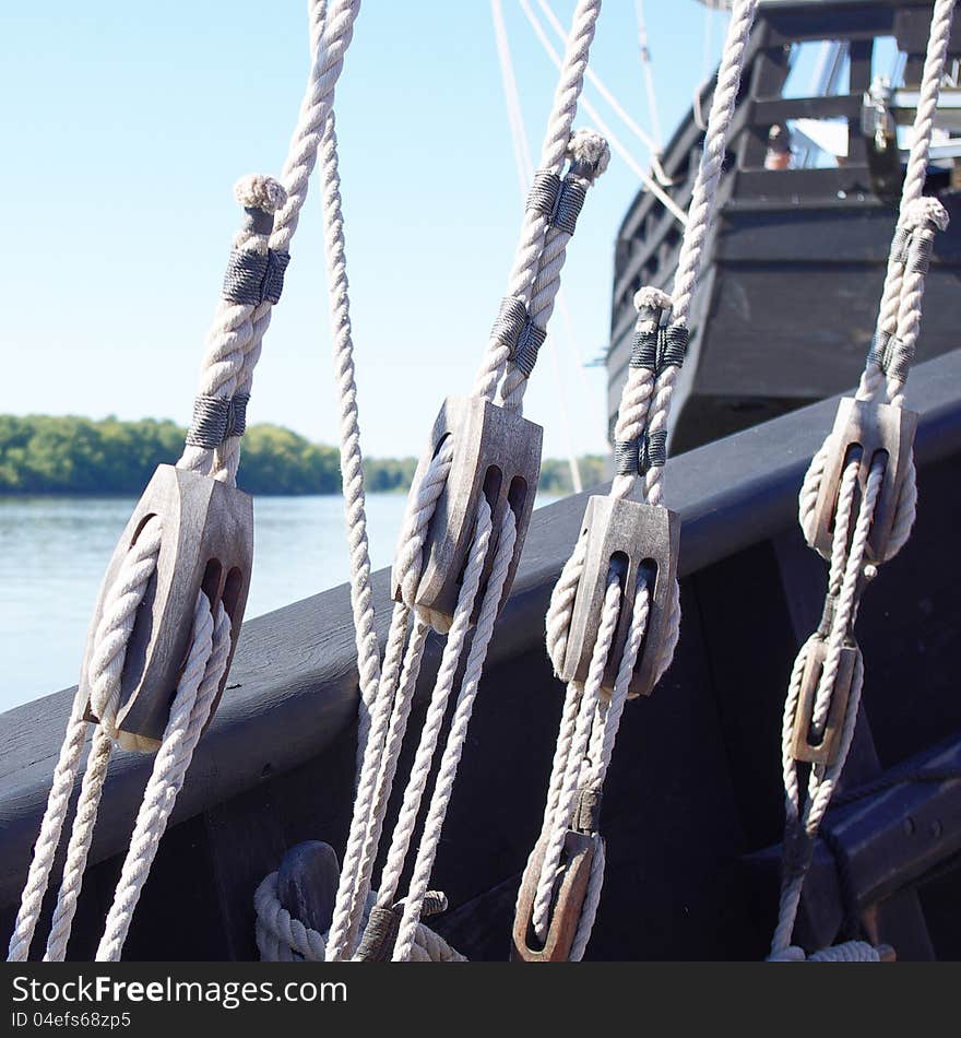 Ships rigging of four pulleys on a 15th century vessel. Ships rigging of four pulleys on a 15th century vessel