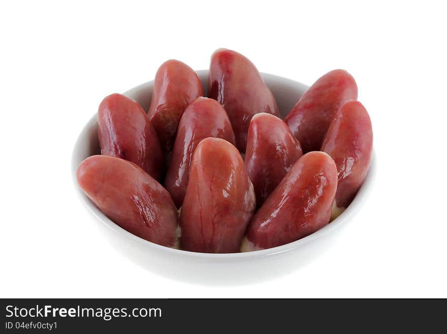 A bowl of Fresh Chicken Hearts isolated on a white background