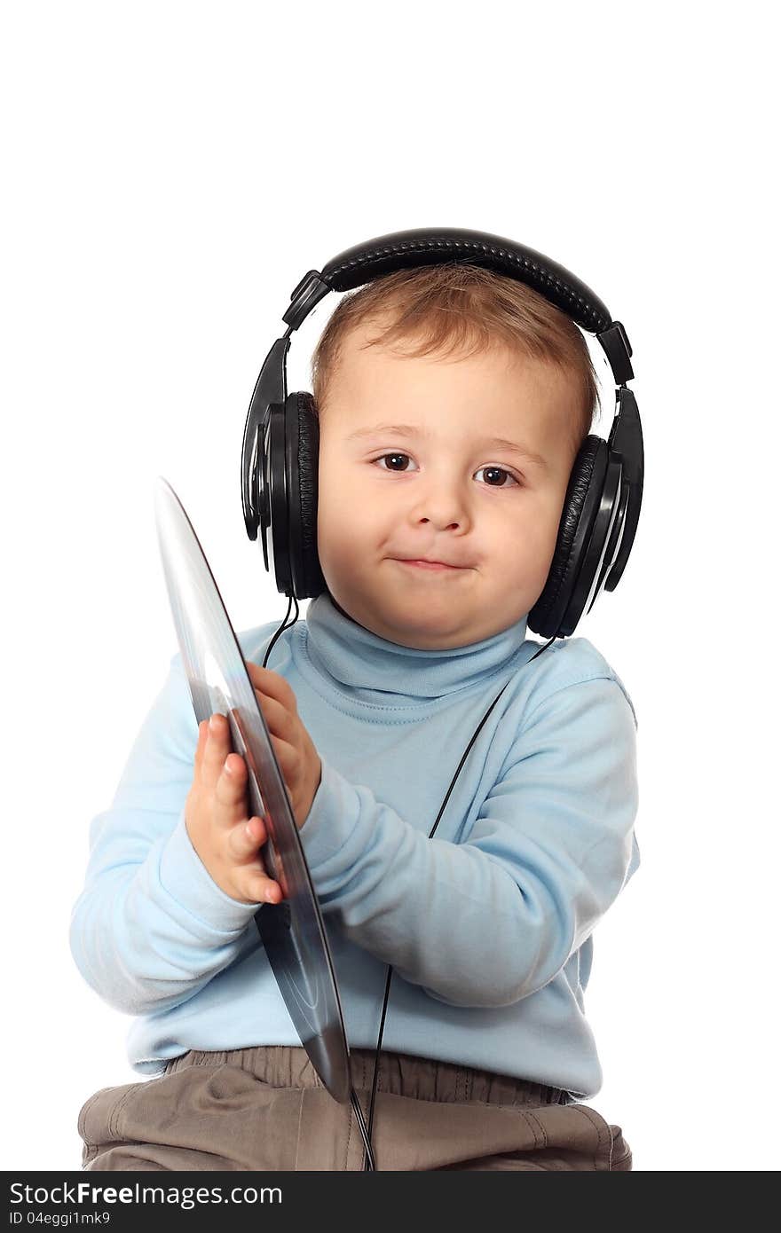 Portrait of lovely child in headphones, isolated