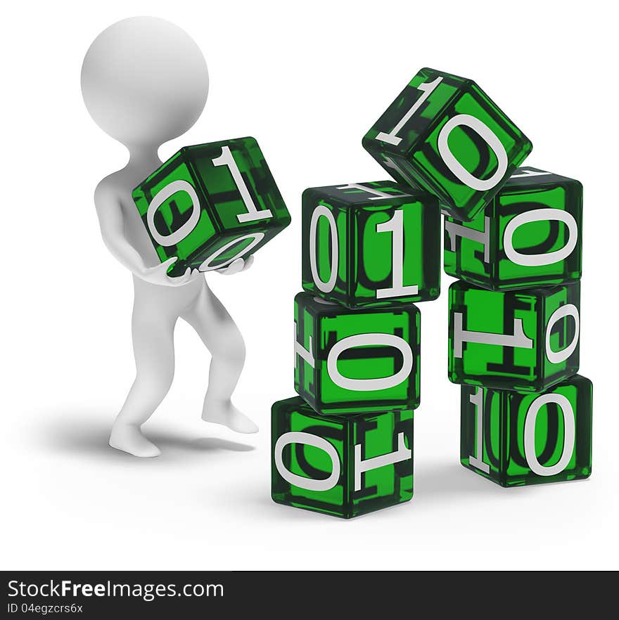 3d character building digital home with green binary cubes. 3d character building digital home with green binary cubes