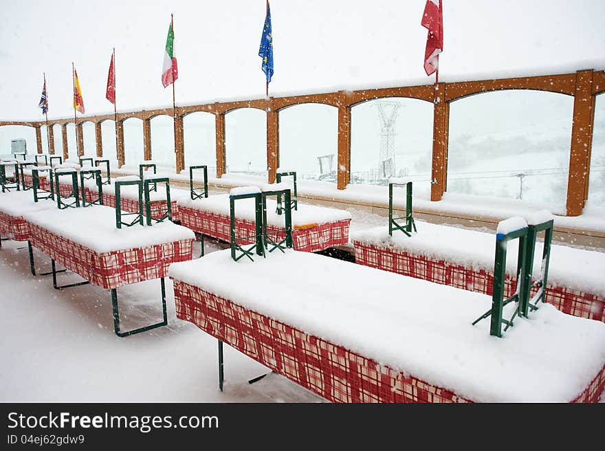 Closed cafe in the snowfall