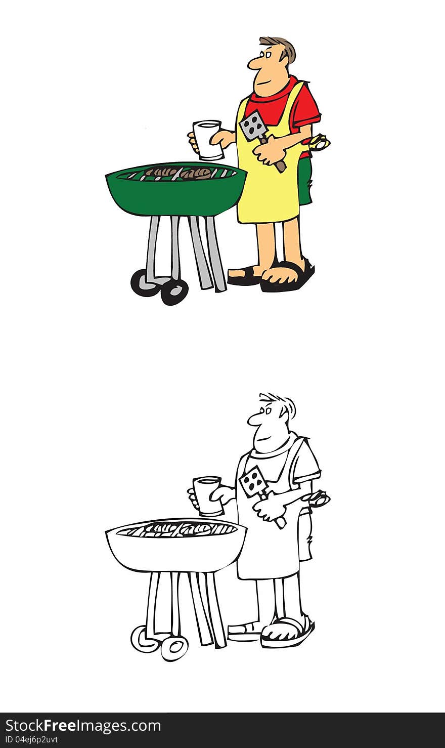 Color and black and white cartoon of a man grilling