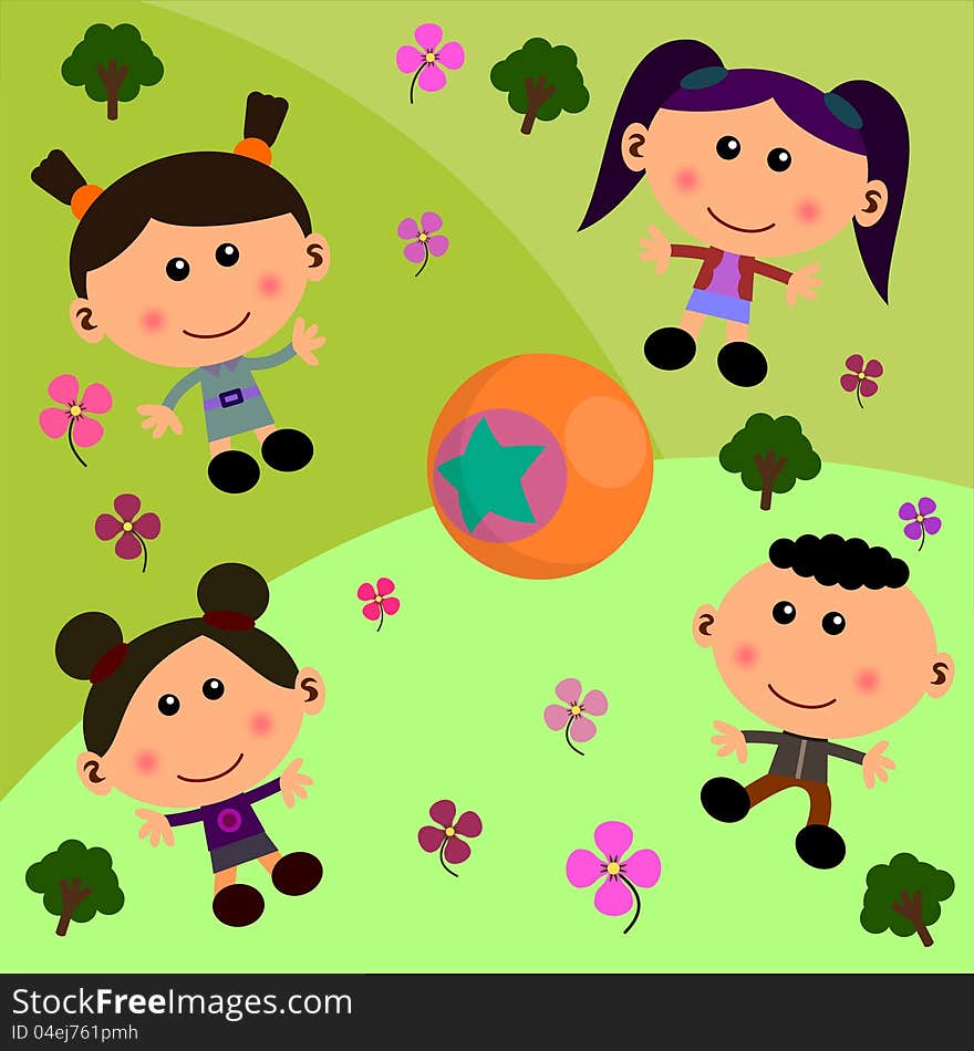 Group of cute cartoon kids playing in the park with a ball. Group of cute cartoon kids playing in the park with a ball