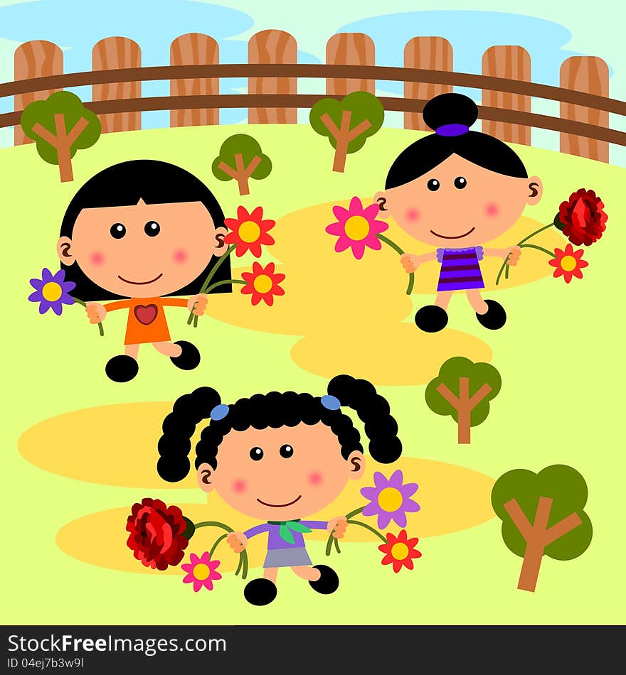 Group of cute cartoon kids picked up and running in the park with flowers. Group of cute cartoon kids picked up and running in the park with flowers