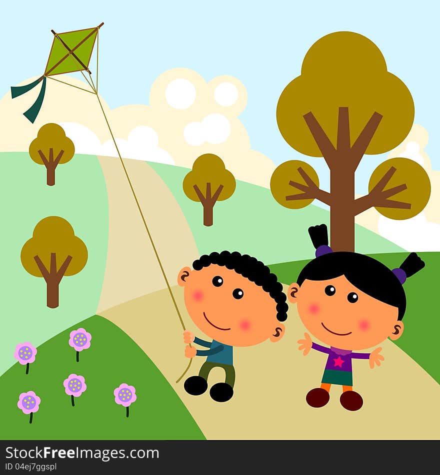 Two cute cartoon kids playing and flying a kite in the park. Two cute cartoon kids playing and flying a kite in the park