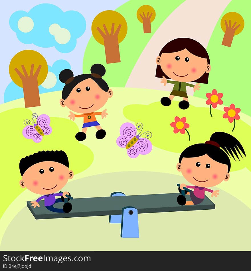 Group of cute cartoon kids playing in the park and riding a seesaw. Group of cute cartoon kids playing in the park and riding a seesaw