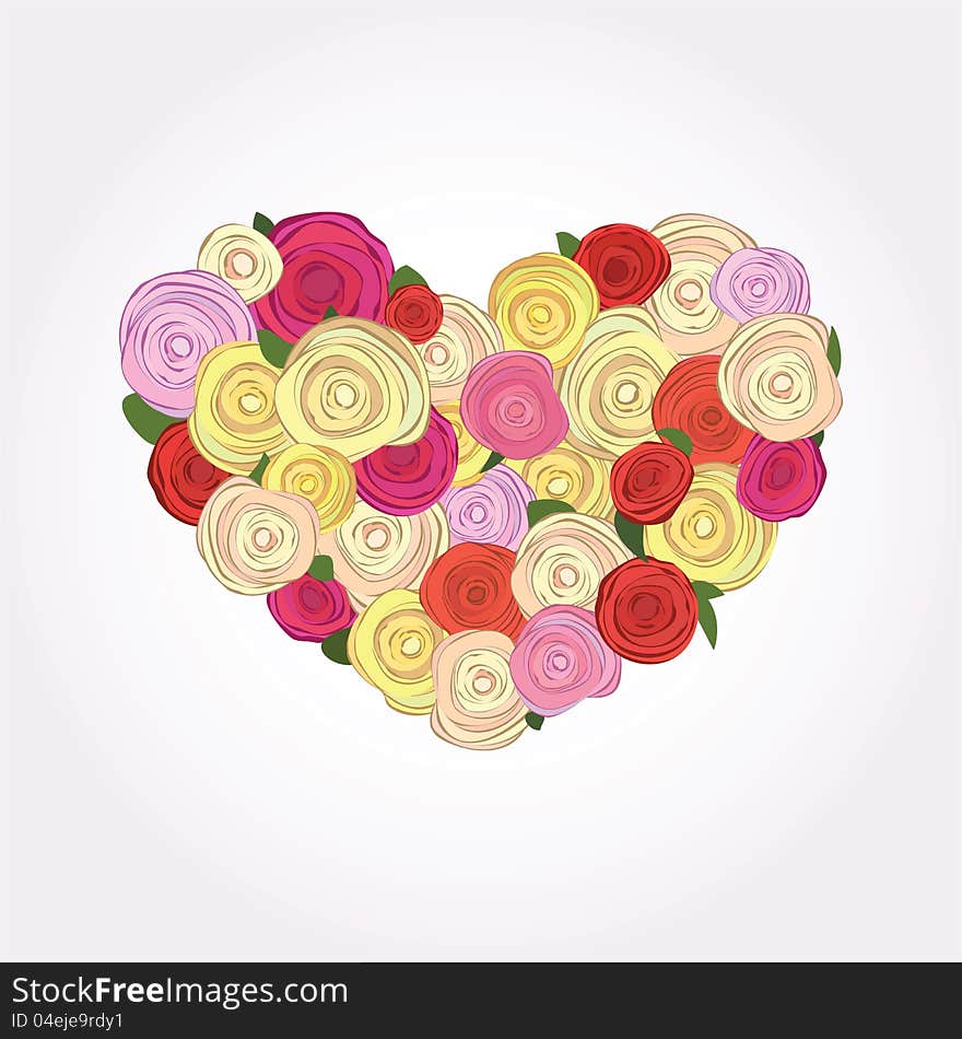 Vector heart of roses. bouquet of colorful assorted roses