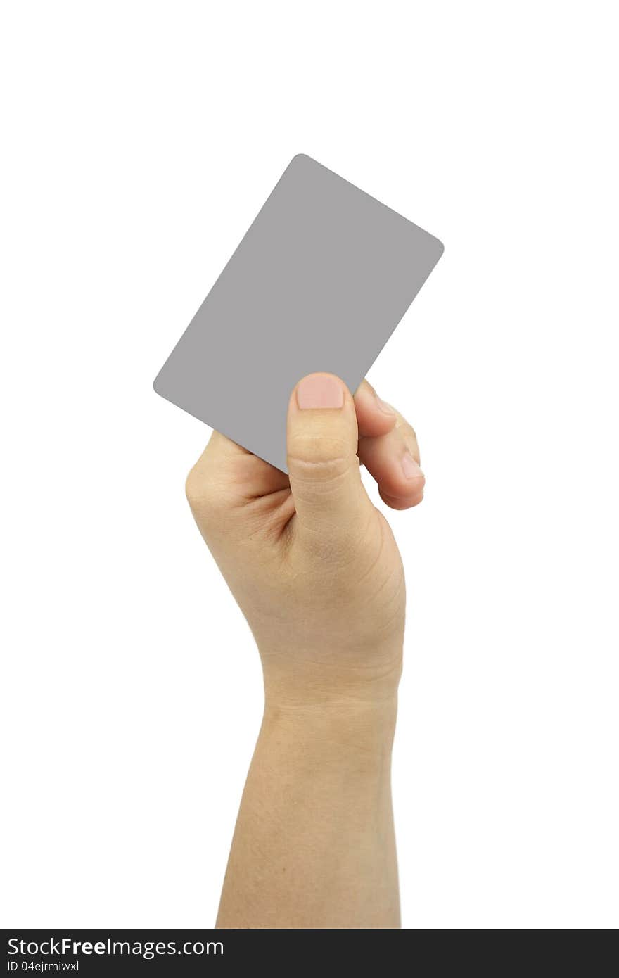 Hand and a card isolated on white