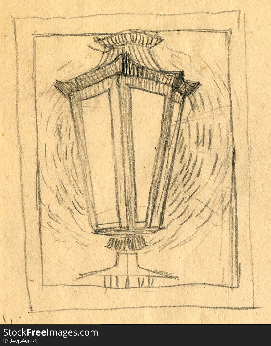 Lamp. Drawing on yellowed paper - pencil technique.